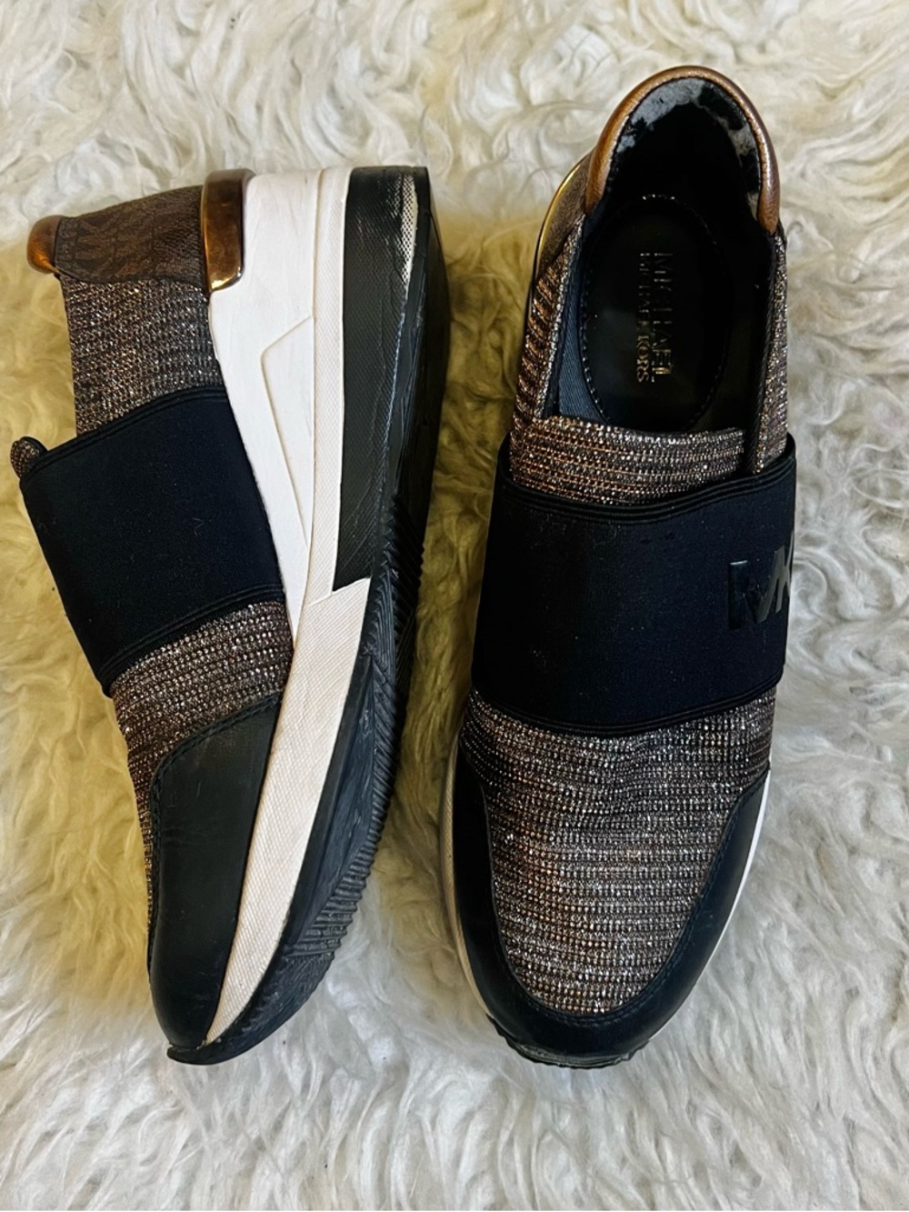 Michael Kors Black and Bronze Knit Slip-On Sneakers for Men